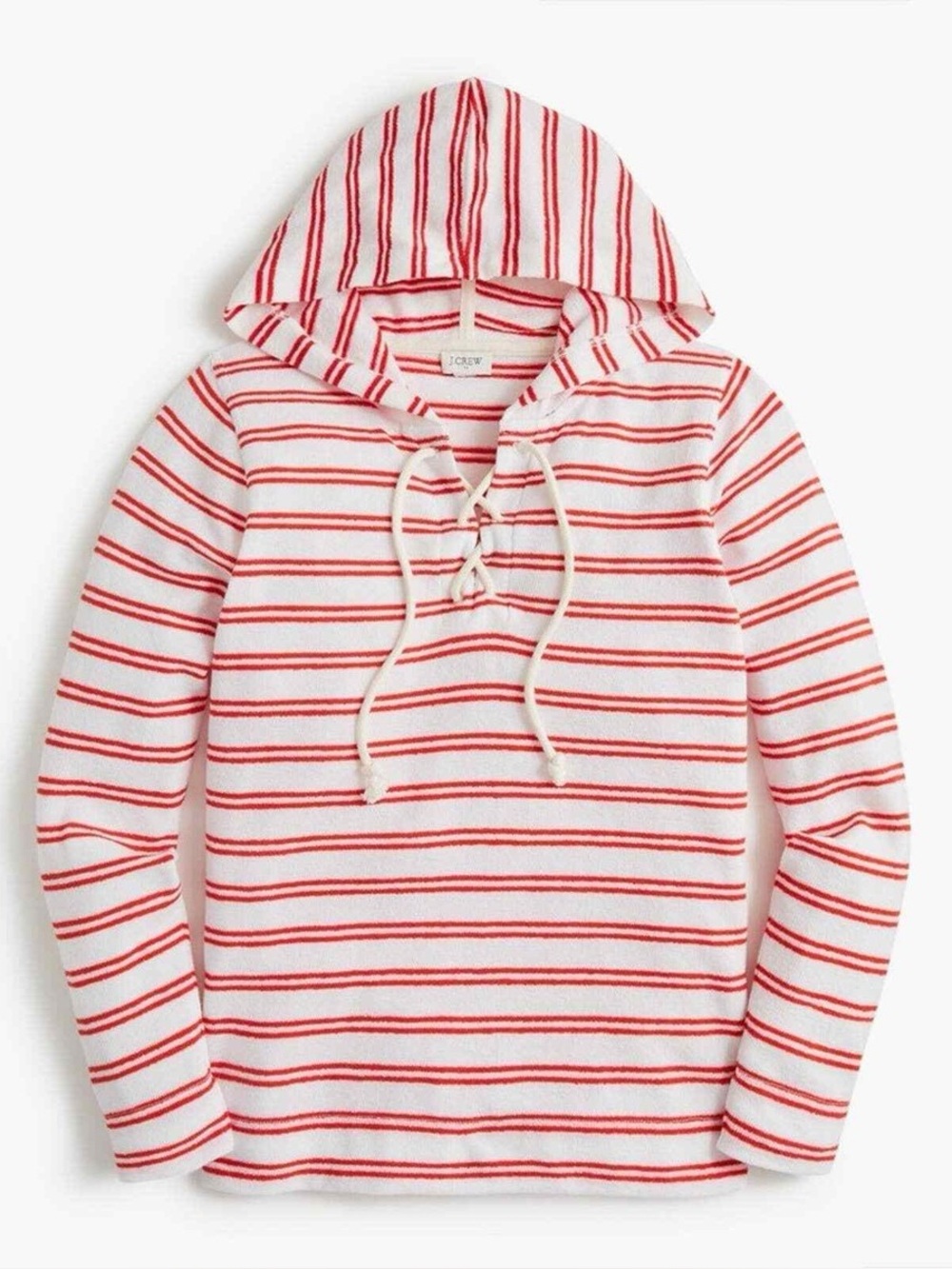 JCrew striped towel terry lace-up hoodie in red and white L